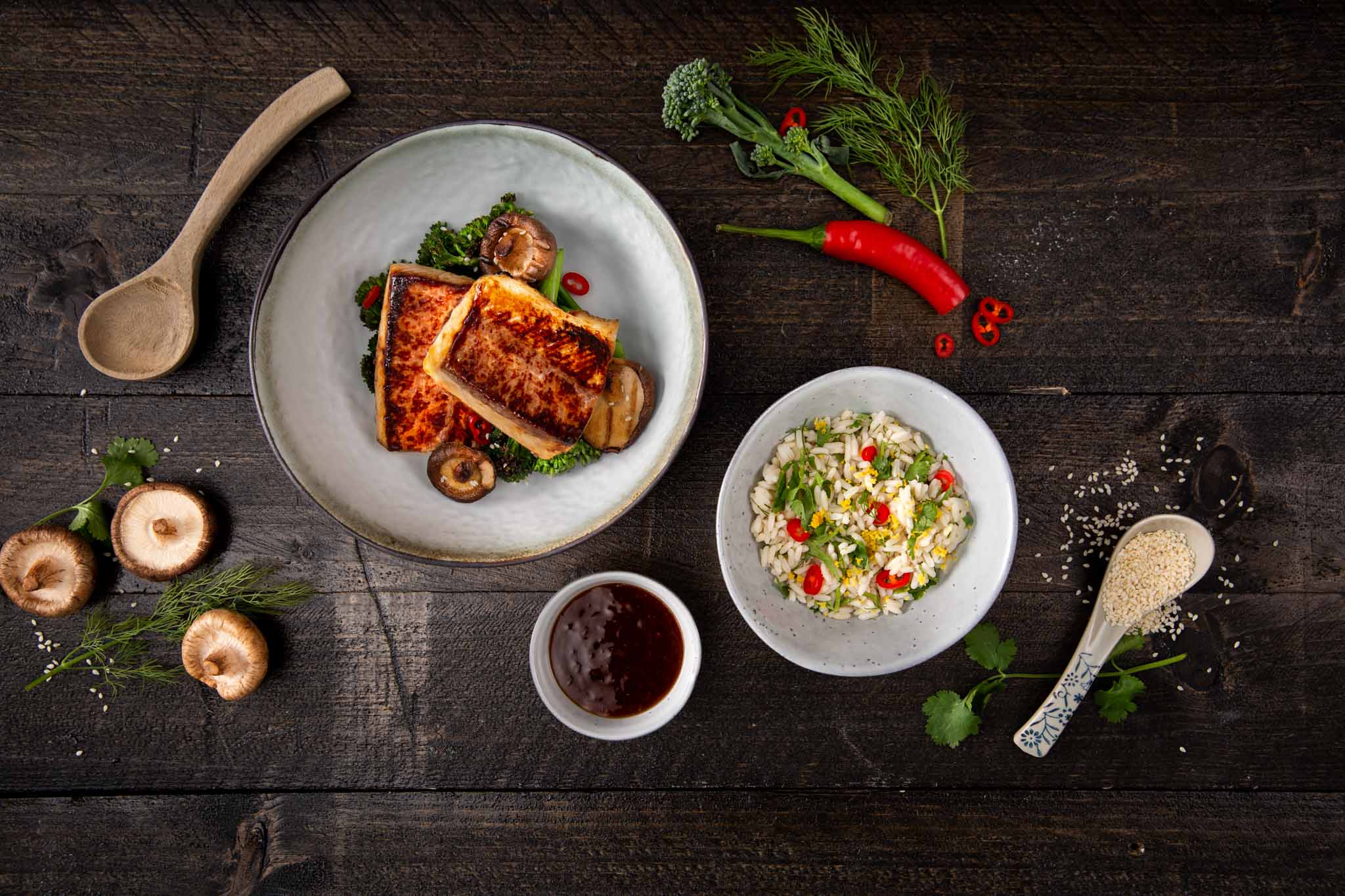 Gegrilde Vis In Teriyakisaus Met Rijst Shiitake En Bimi