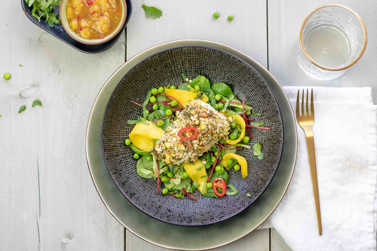 Kabeljauw In Pistachekorst Met Doperwten Mangosalade