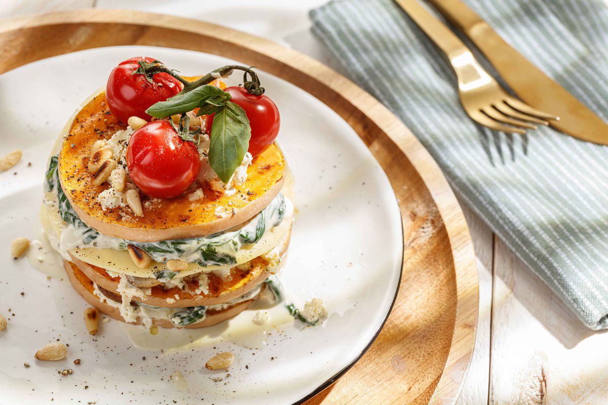 Open Lasagne Met Pompoen Spinazie En Paddenstoelen