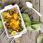 Tilapia uit de oven met spruitjes en pompoen