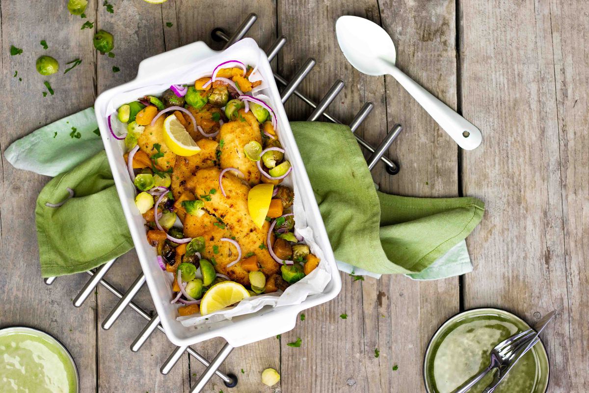 Tilapia Uit De Oven Met Spruitjes En Pompoen