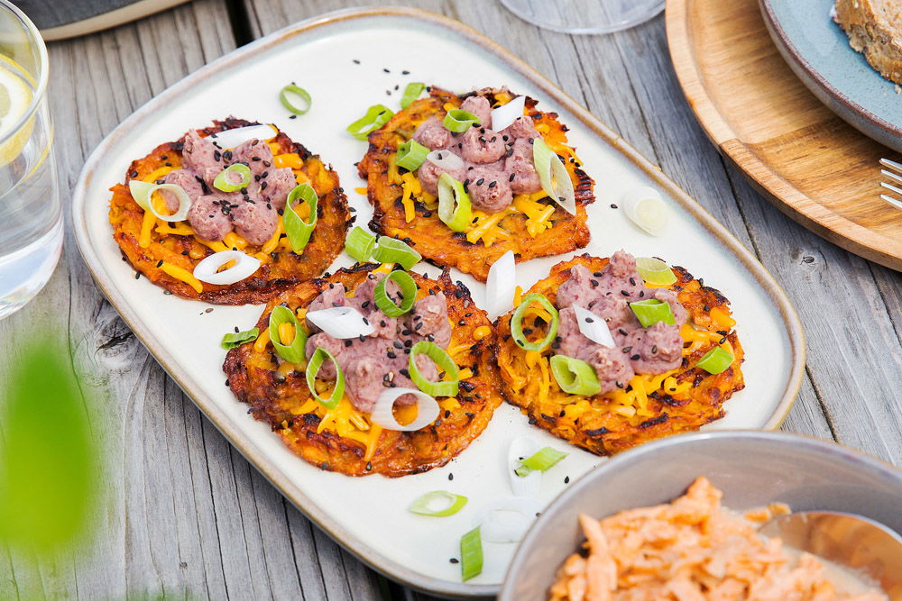 Zoete Aardappelrosti Met Cheddar En Bonencreme