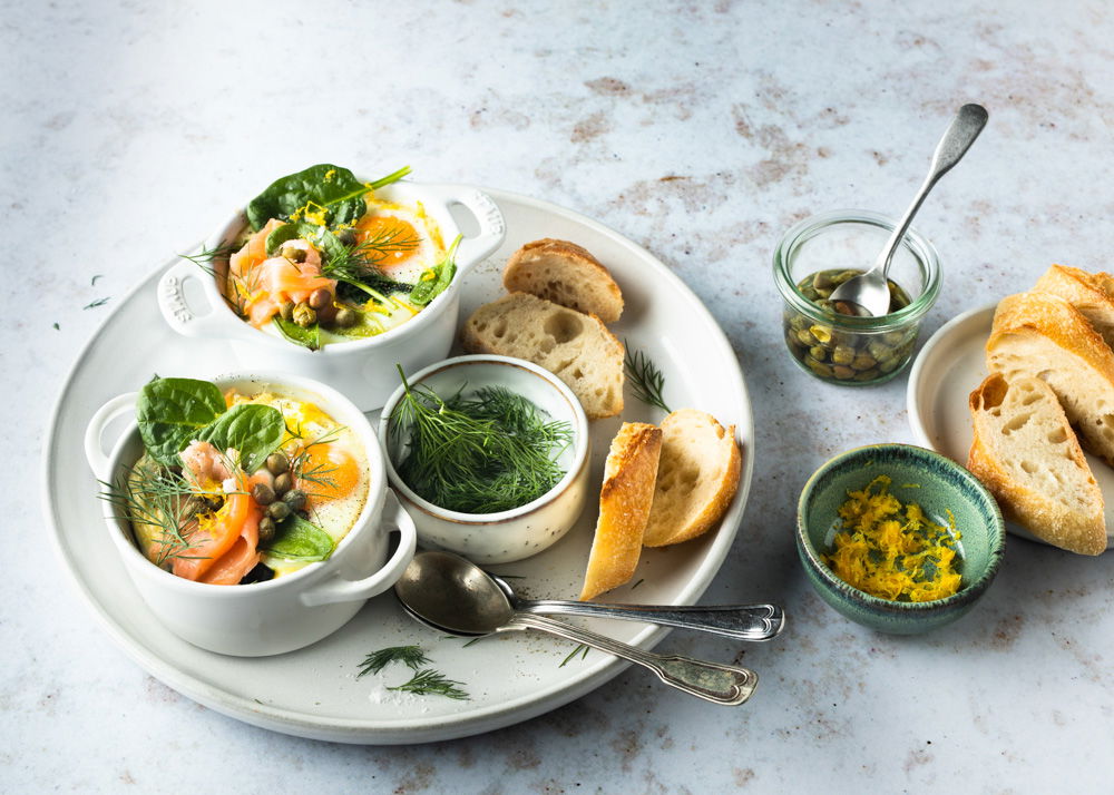 Oeuf en cocotte met gerookte zalm