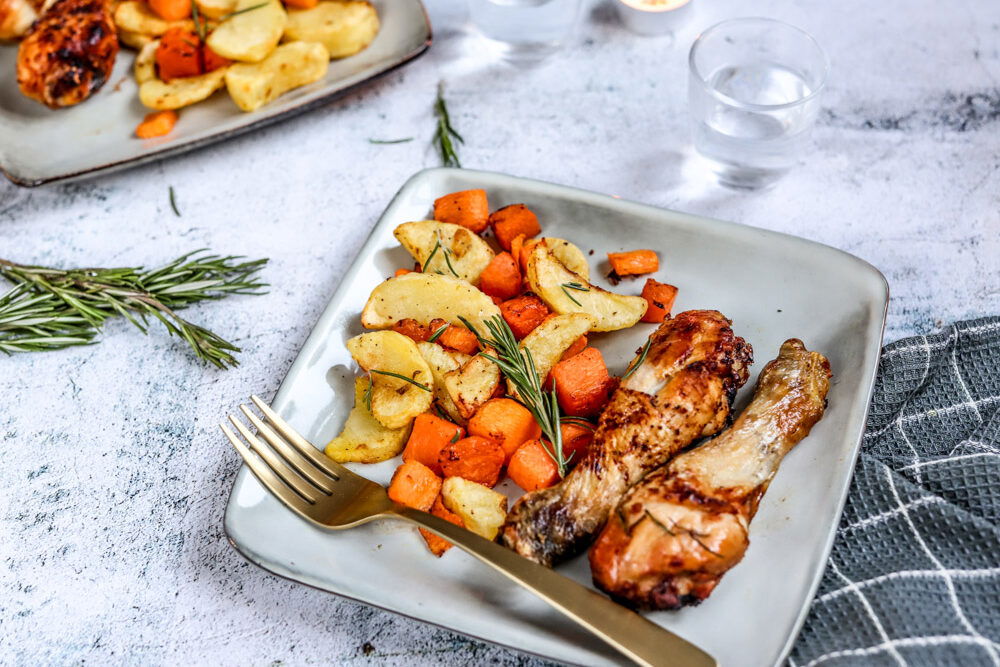 Pompoen-aardappelschotel met kip uit de airfryer