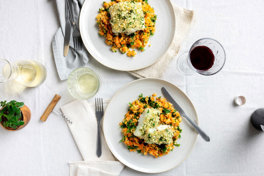 Pastinaakstamppot met boerenkool en kabeljauw met kruidenkorst