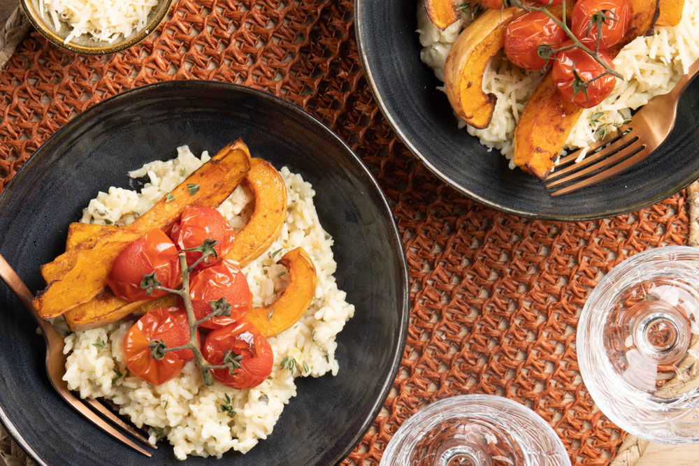 Risotto met geroosterde pompoen en cherrytomaatjes