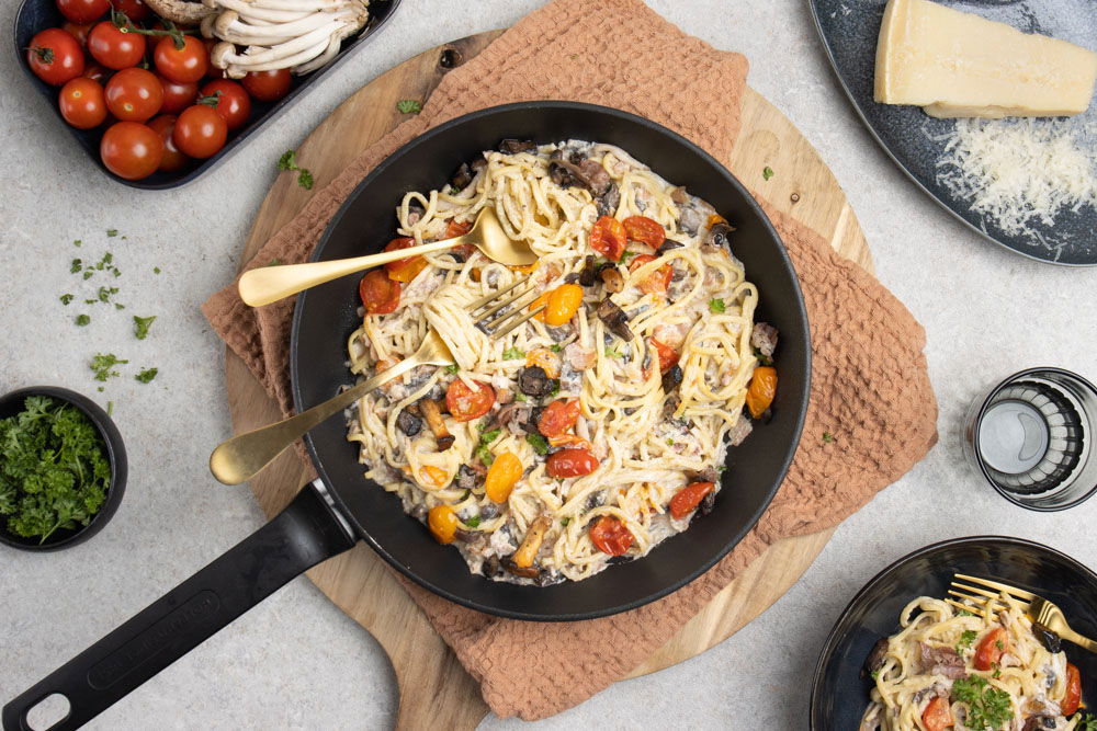 Romige Spaghetti Met Paddenstoelen En Pancetta Pasta
