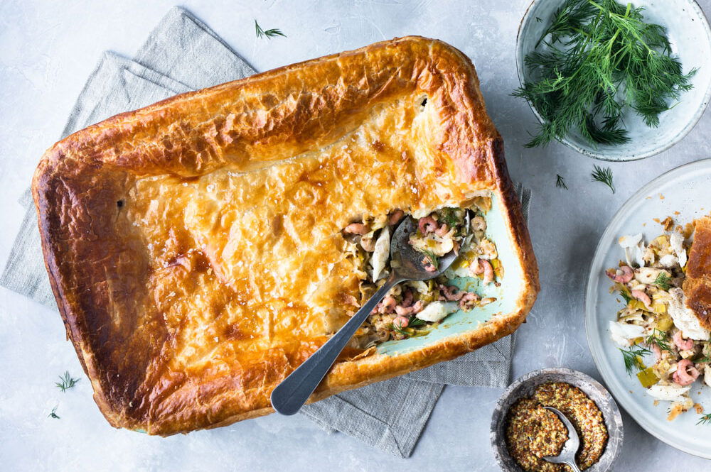 Vispastei met kabeljauw en Hollandse garnalen