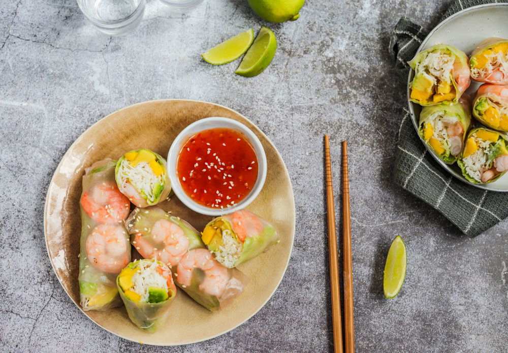 Spring rolls met garnalen en mango