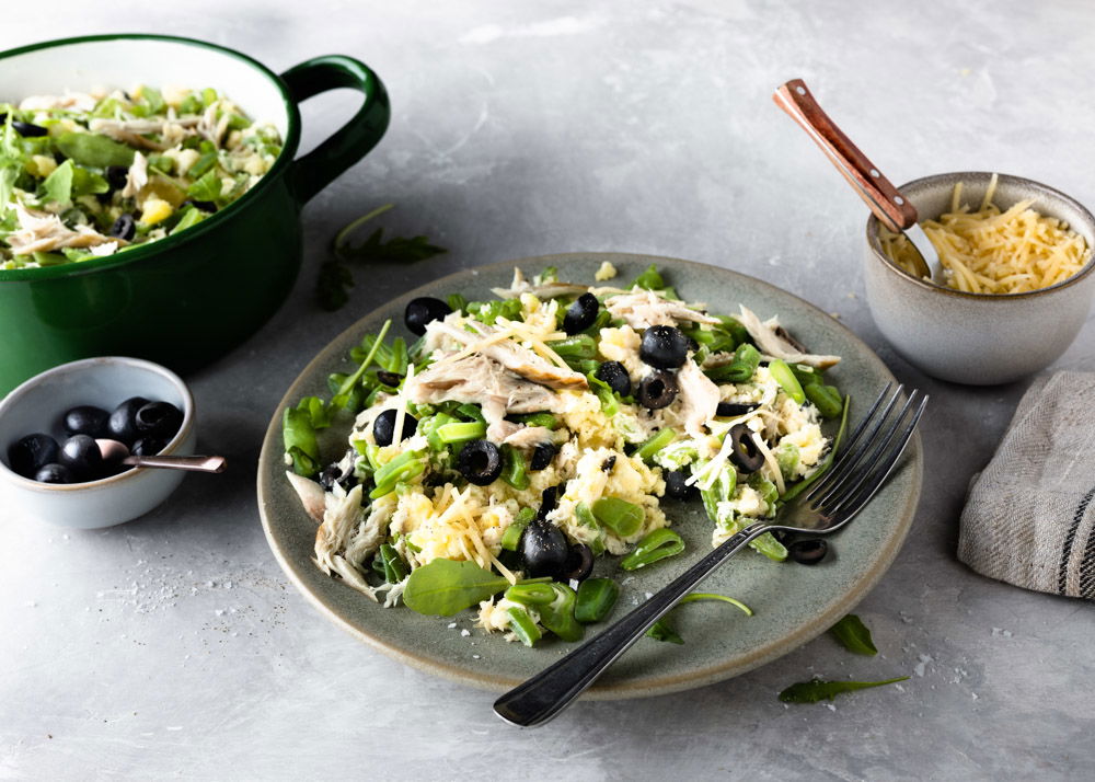 Stamppot van makreel, snijbonen en rucola