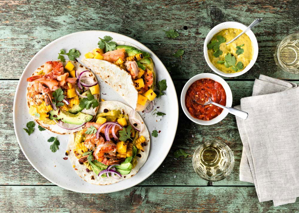 Tortilla’s met gamba’s en gerookte zalm