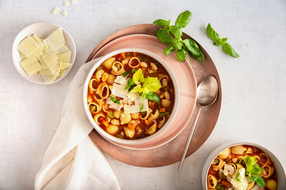 Gevulde maaltijdsoep: Pasta e fagioli.