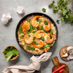 Pad Thai met mihoen, peultjes en garnalen