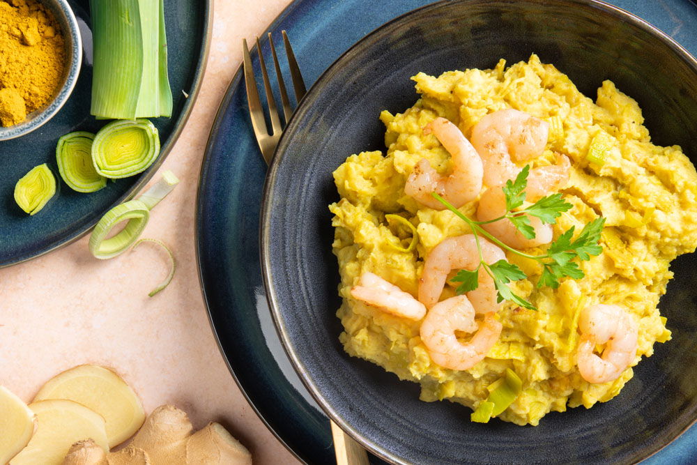 prei stamppot met garnalen