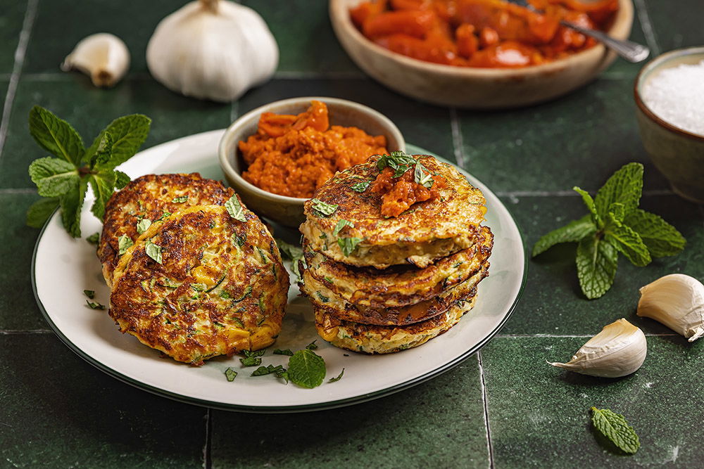 Courgette Fritters Met Romesco Dip