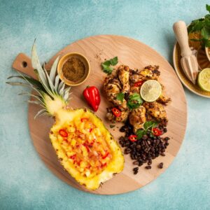 Jamaican Jerk kipdrumsticks met ananassalsa en kokosrijst