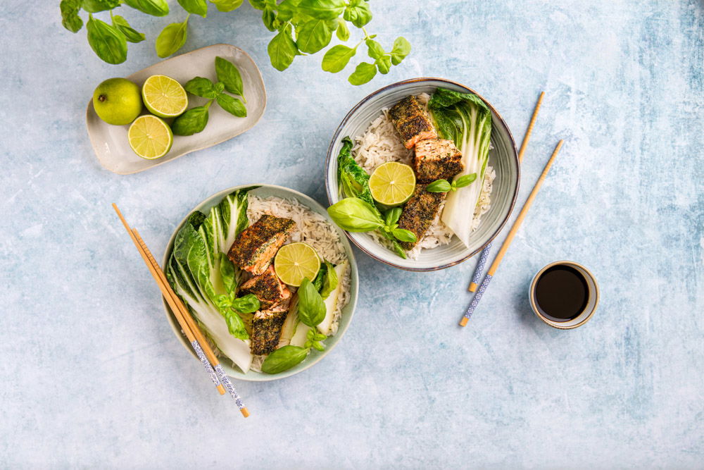 Citroengras zalm met kokosrijst en paksoi