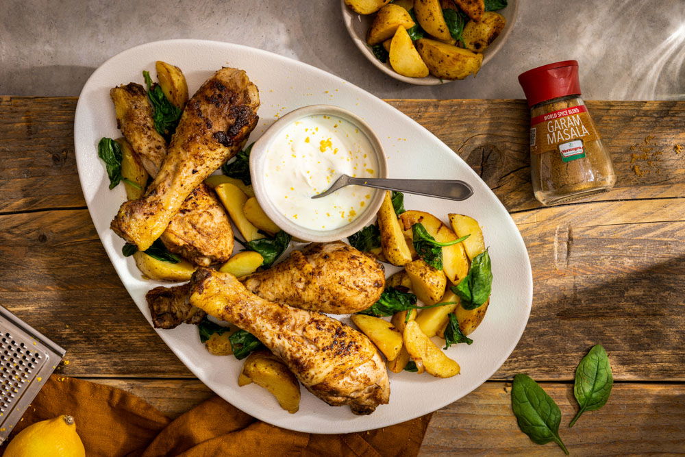 WSB Garam Masala Gemarineerde Kipdrumsticks Met Aardappelpartjes En Spinazie (1)