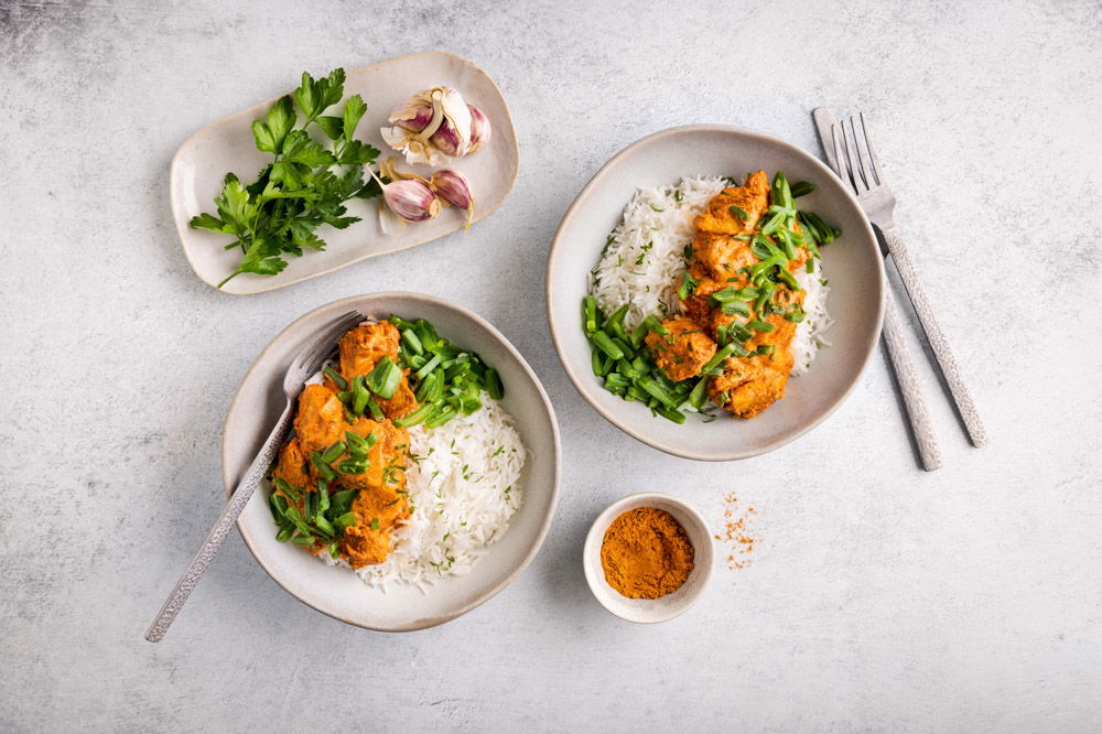 Kip tandoori met rijst en snijbonen