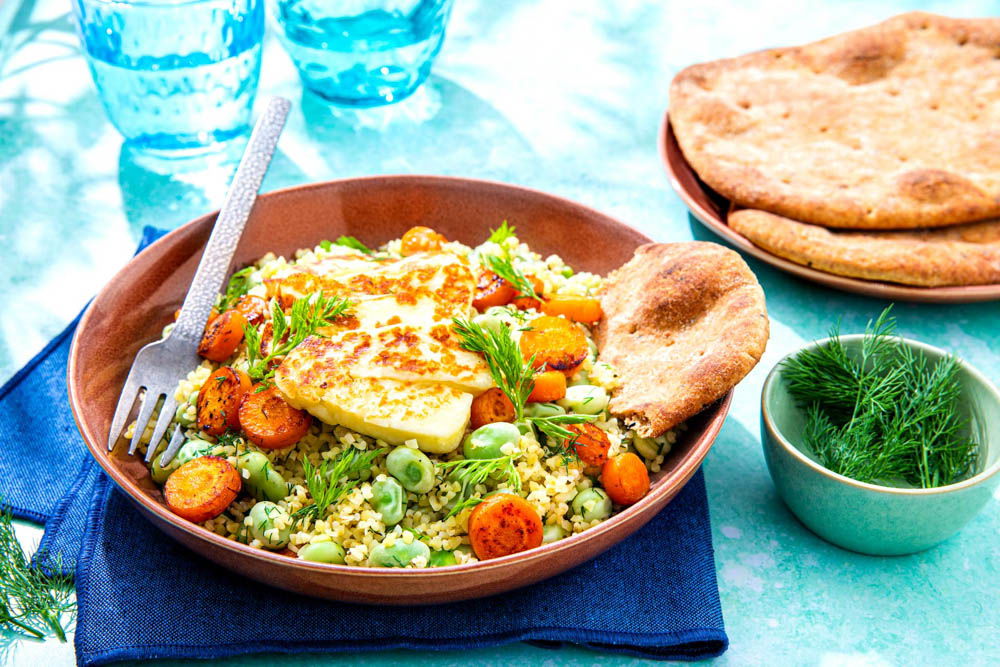 Bulgur met tuinbonen en halloumi