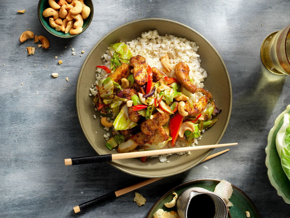 No waste bloemkoolrijst met vegan kipstukjes