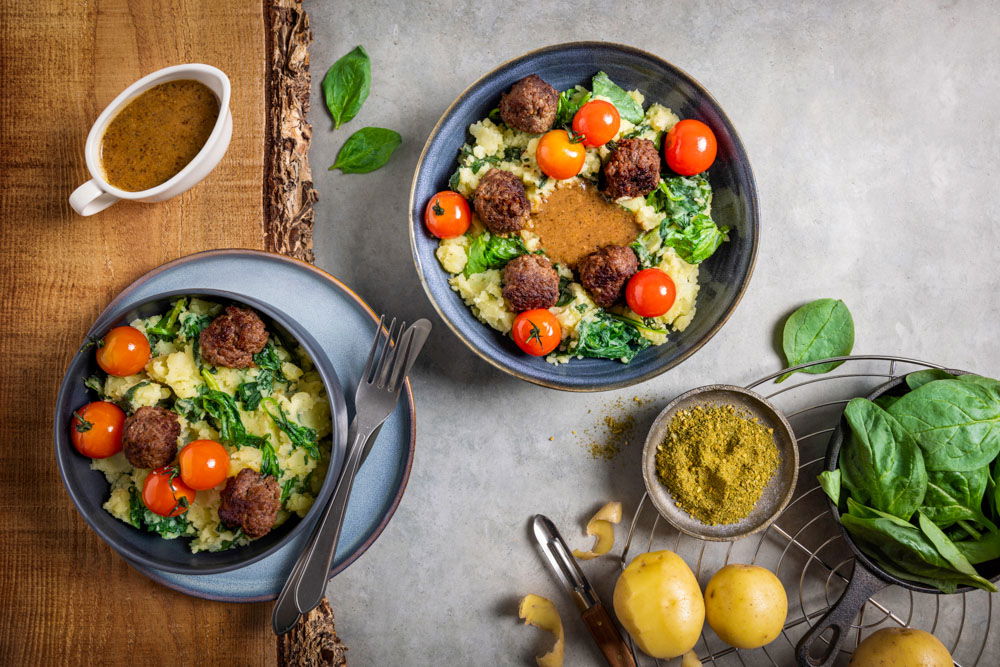 Budget Mix Voor Stamppot Spinazie Stamppot Met Spinazie, Gehaktballetjes En Gepofte Cherrytomaat (2)