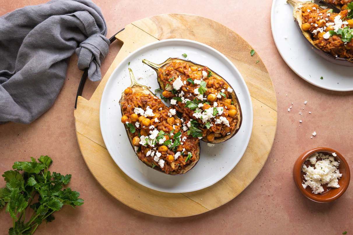 Gevulde aubergine met tomatenrijst