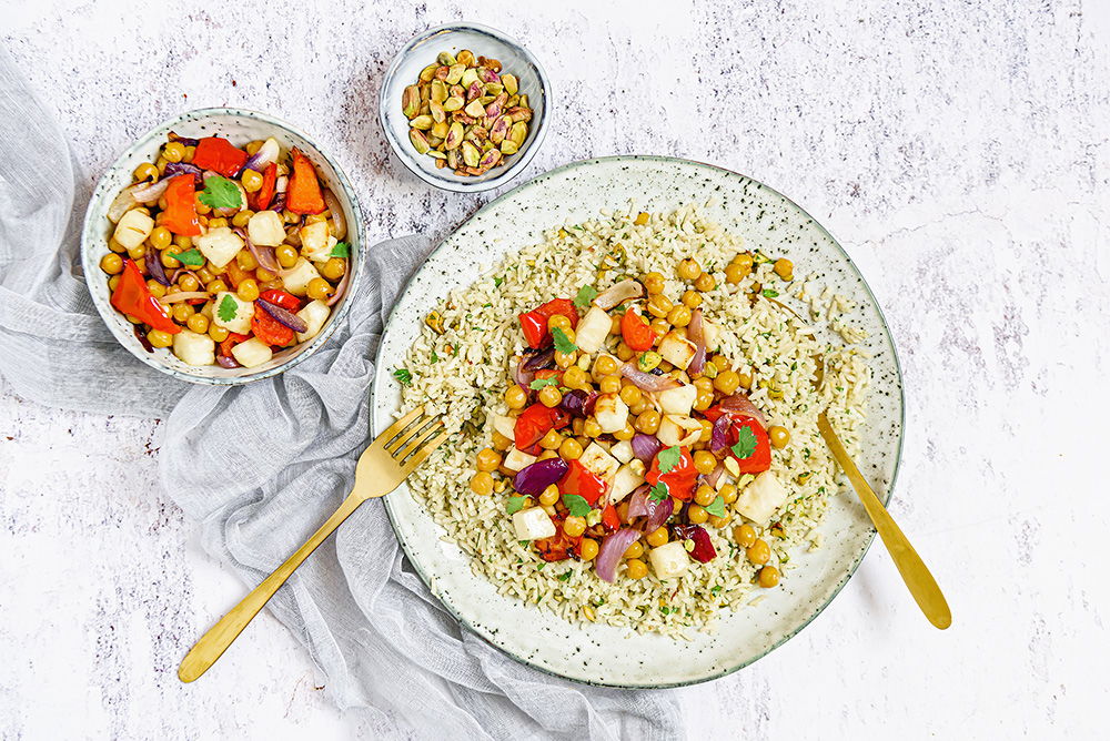 Kruidenrijst met geroosterde ovengroenten