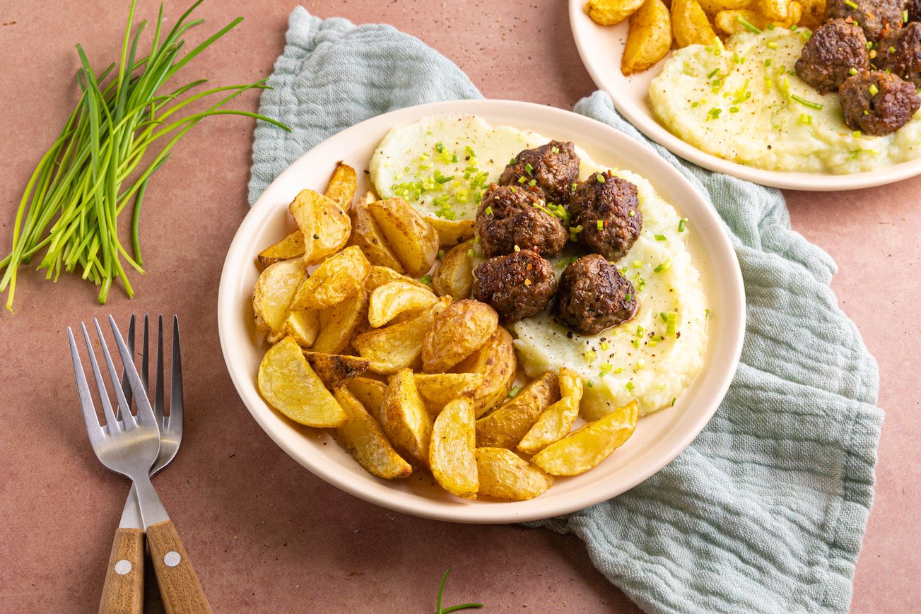 Bloemkoolpuree met pittige gehaktballen