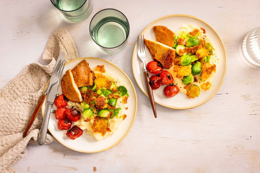 krokante spruitjes met knolselderijpuree