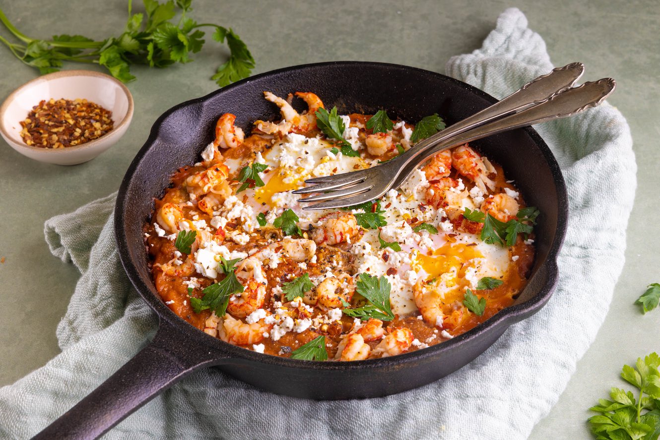 Pompoenshakshuka met rivierkreeft