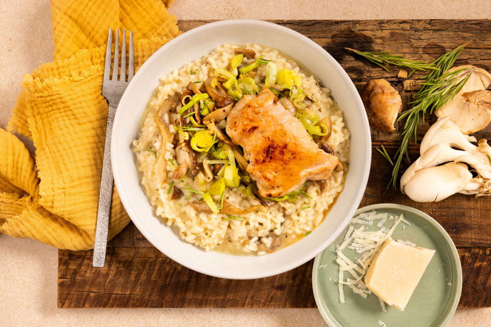 Risotto met paddenstoelen en kippendij