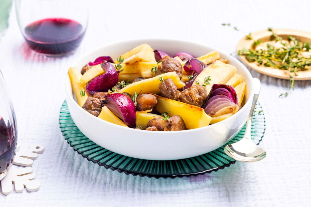 geroerbakte kastanjes en pastinaak