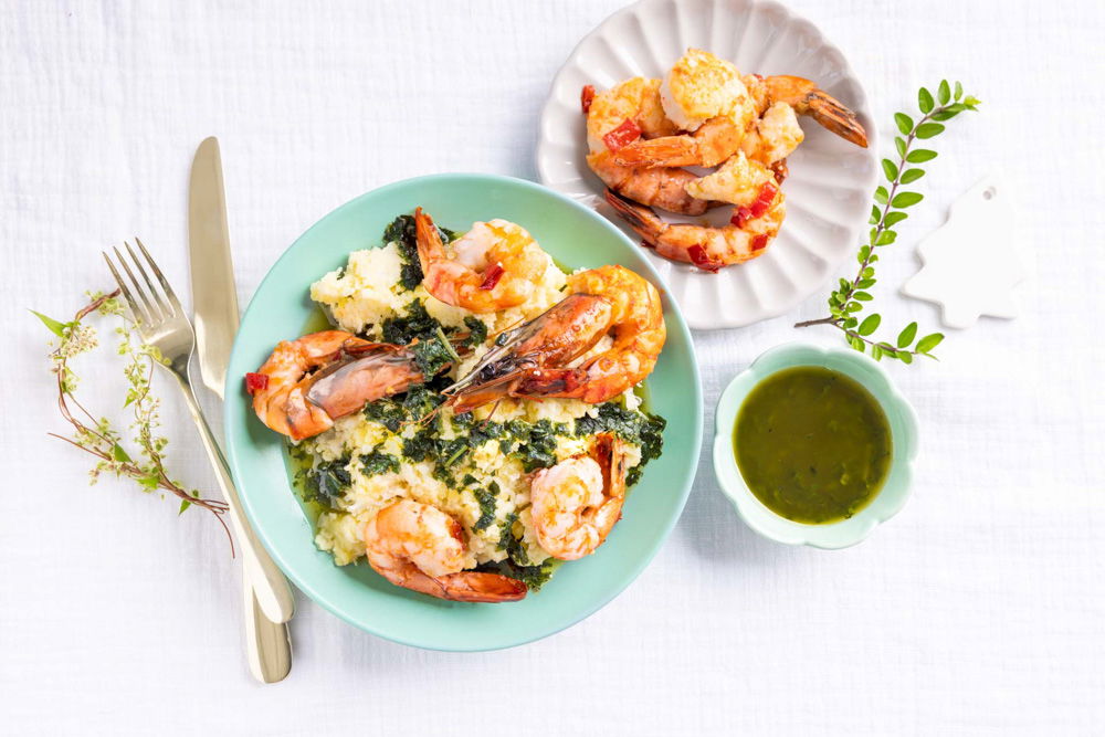 knoflookgarnalen met basilicumolie