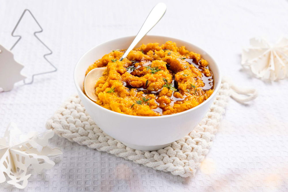 Zoete aardappelpuree met ahornsiroop