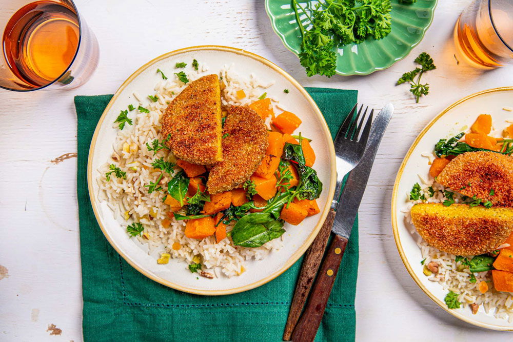 notenrijst met pompoen en falafelburgers