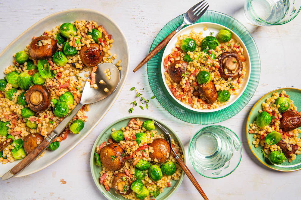 Parelcouscous met gemarineerde kastanjechampignons