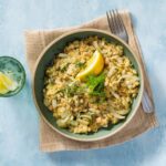Vegan eenpansorzo met witte bonen, venkel en citroen