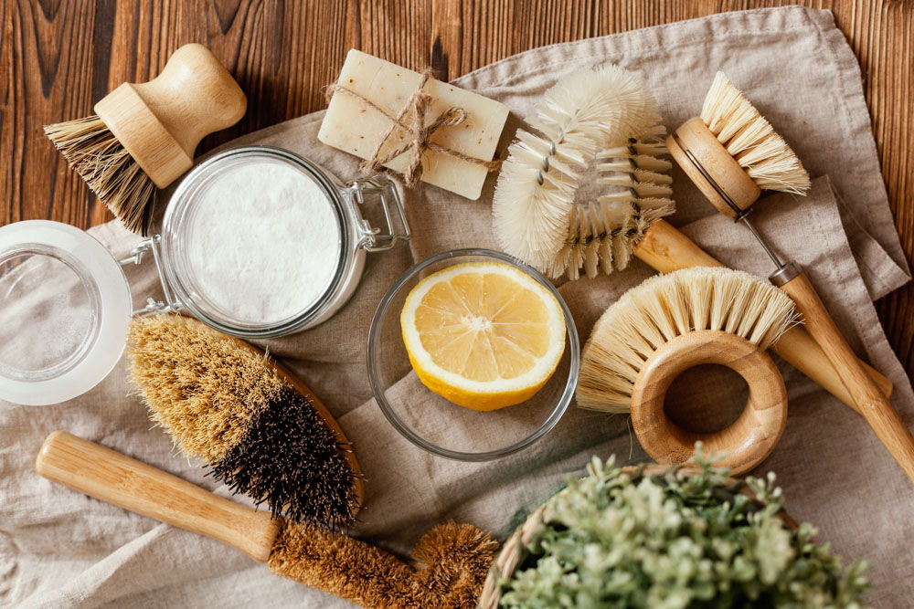 Top View Brushes Lemon Arrangement