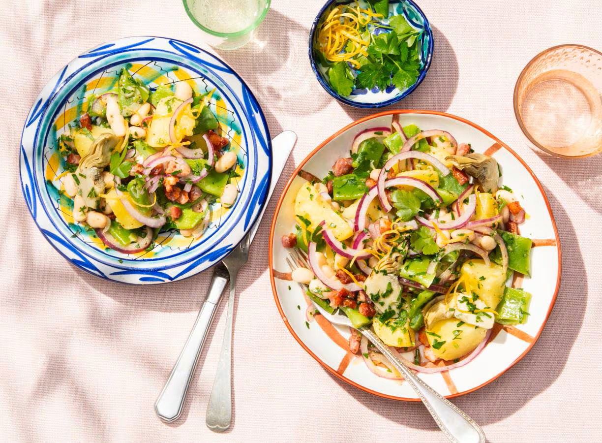Aardappelsalade met snijbonen en artisjok