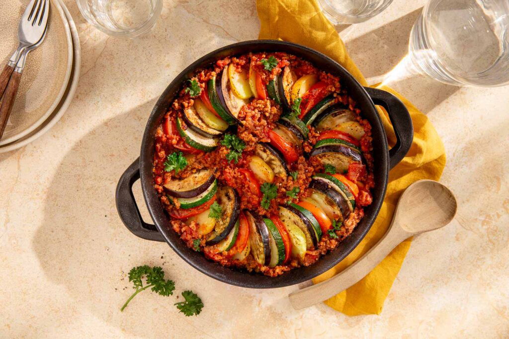 Ratatouille ovenschotel met peulgehakt