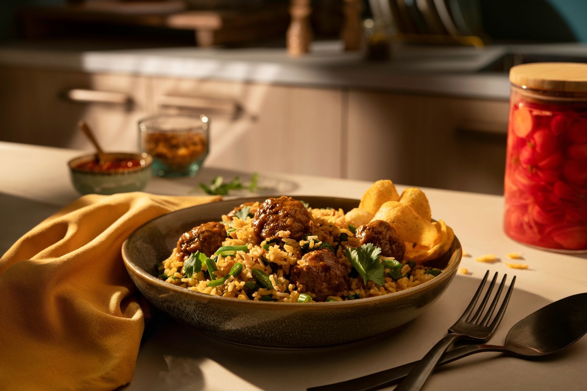 Pittige Nasi Goreng met gehaktballetjes