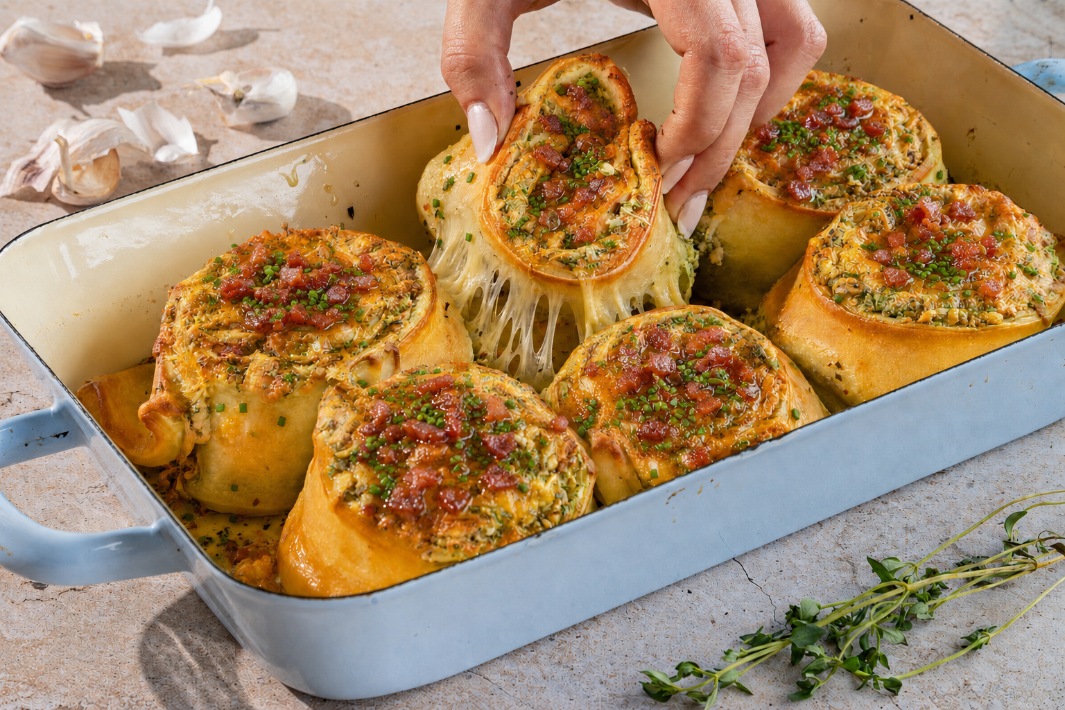 Goudbruine cheesy knoflook rolls met gesmolten kaas, krokante pancetta en verse bieslook.