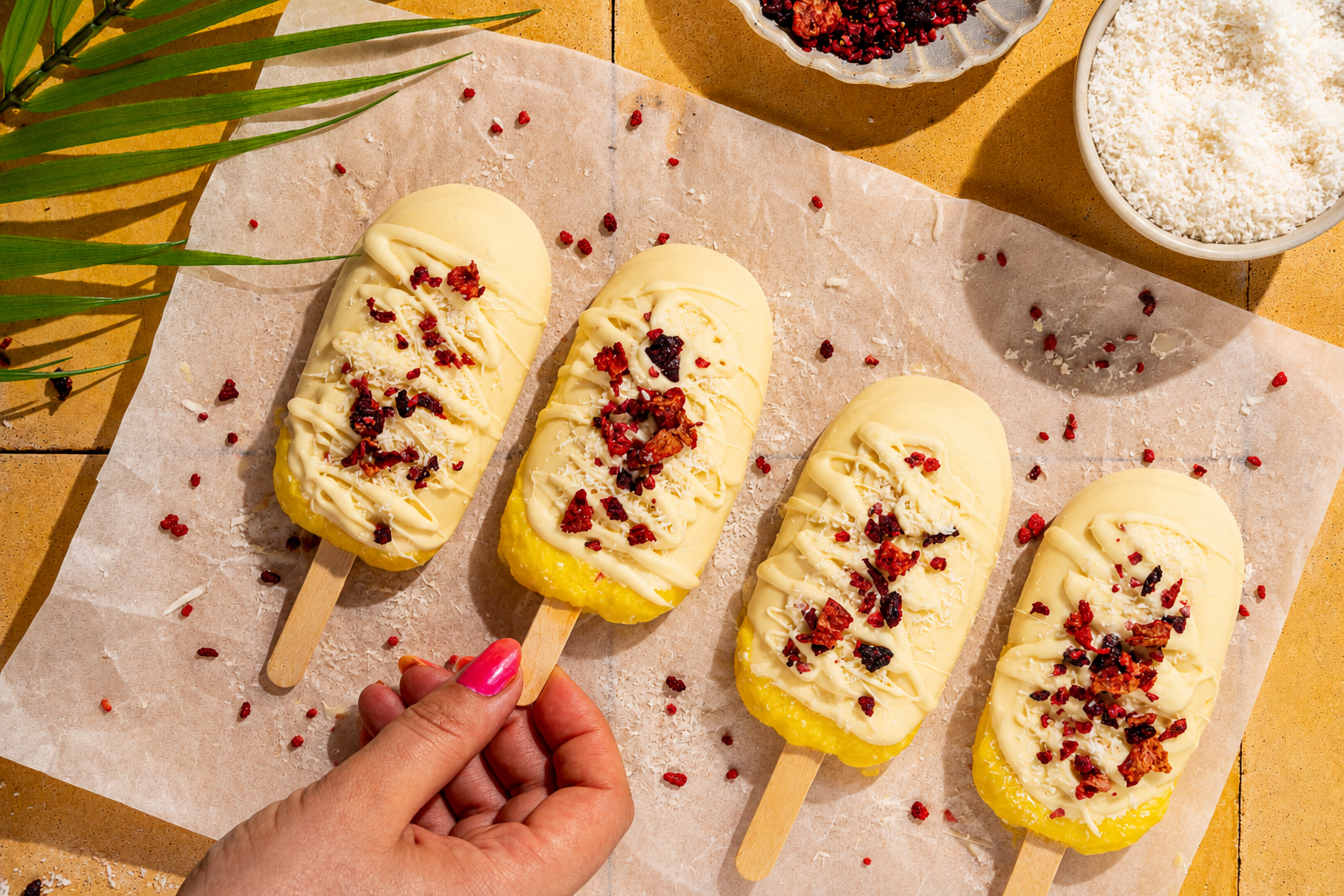 Zelfgemaakte mango magnumijsjes met een laag witte chocolade, kokosrasp en gevriesdroogde aardbeien.