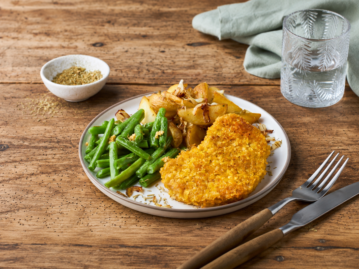 Kip Krokant Schnitzel Vivera met aardappelpartjes en sperziebonen op een bord