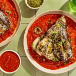 Crispy aubergine met groene pesto