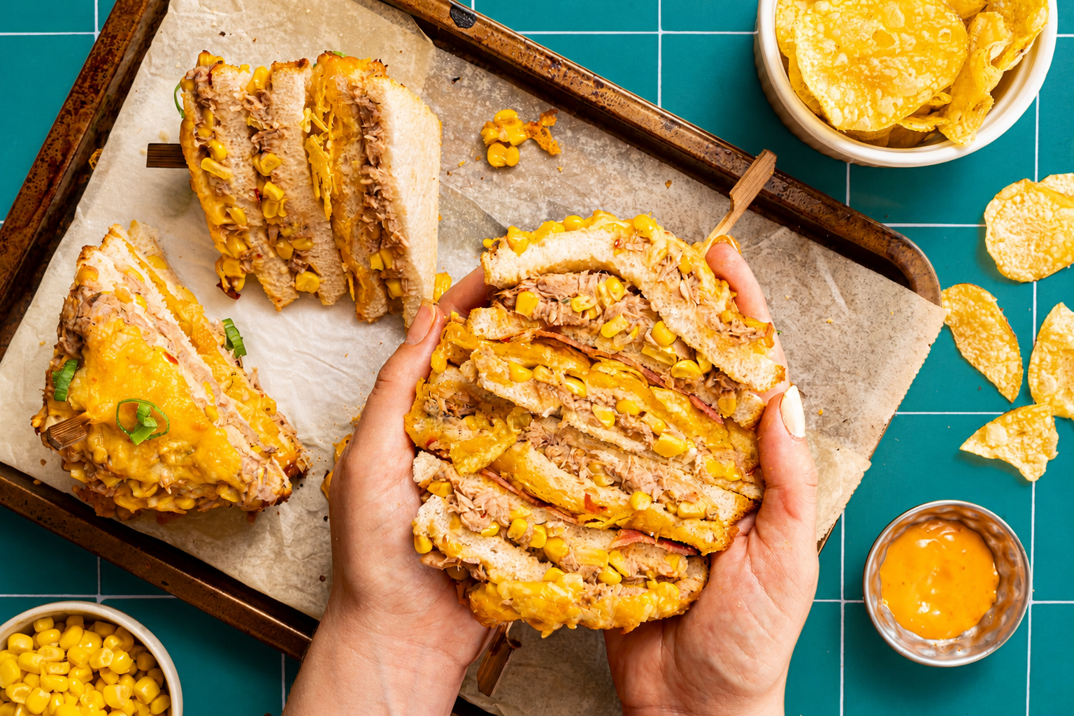 Crispy tuna melt sandwich met tonijn, maïs, gesmolten cheddar, krokante chips en bosui.