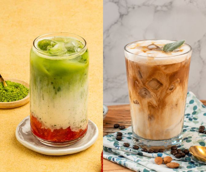 Iced atcha met aardbei en iced latte met maple syrup en almond alpro