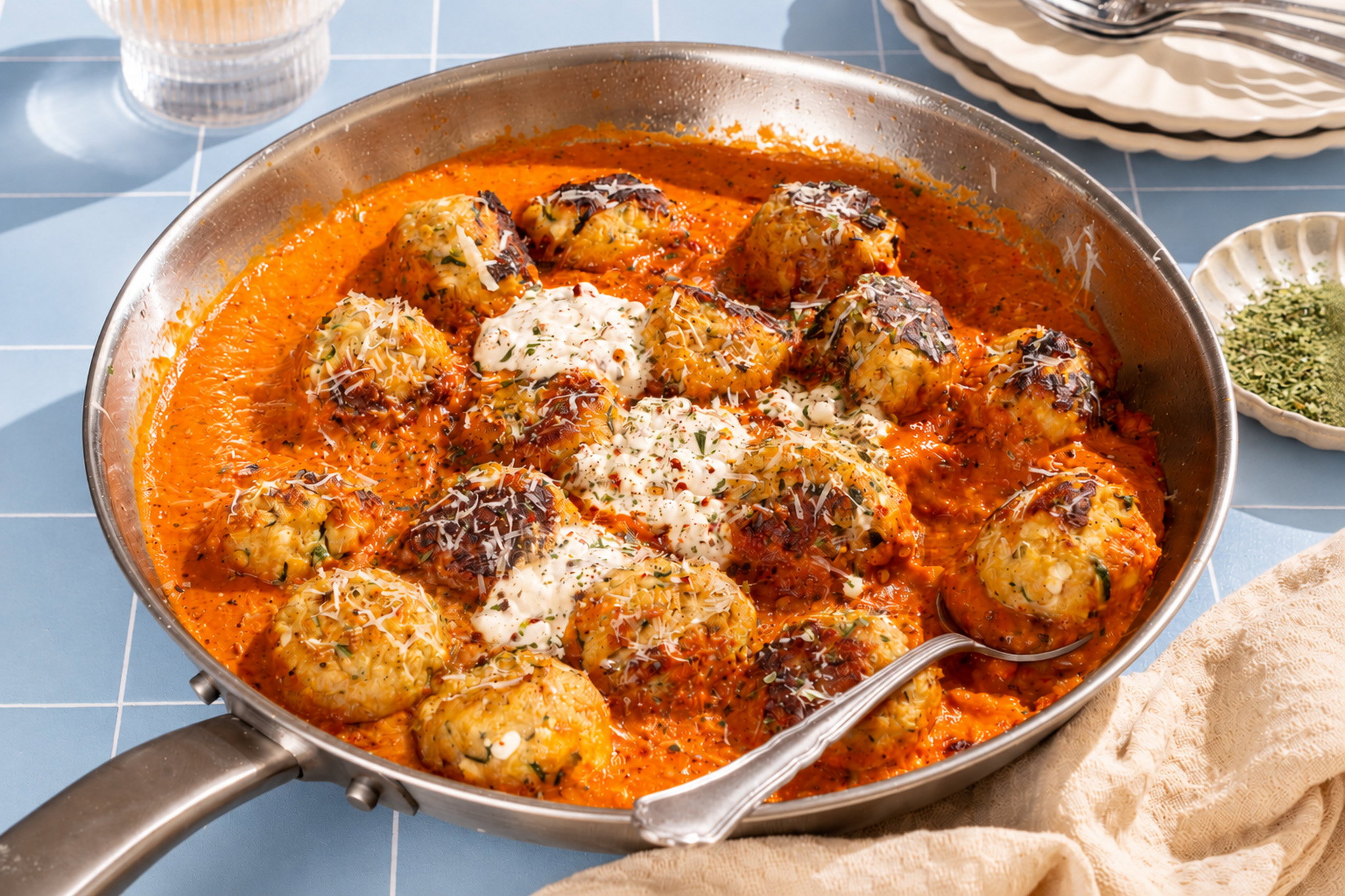 Cottage cheese kipgehaktballetjes in romige geroosterde paprika-tomatensaus met Parmezaanse kaas en chilivlokken.