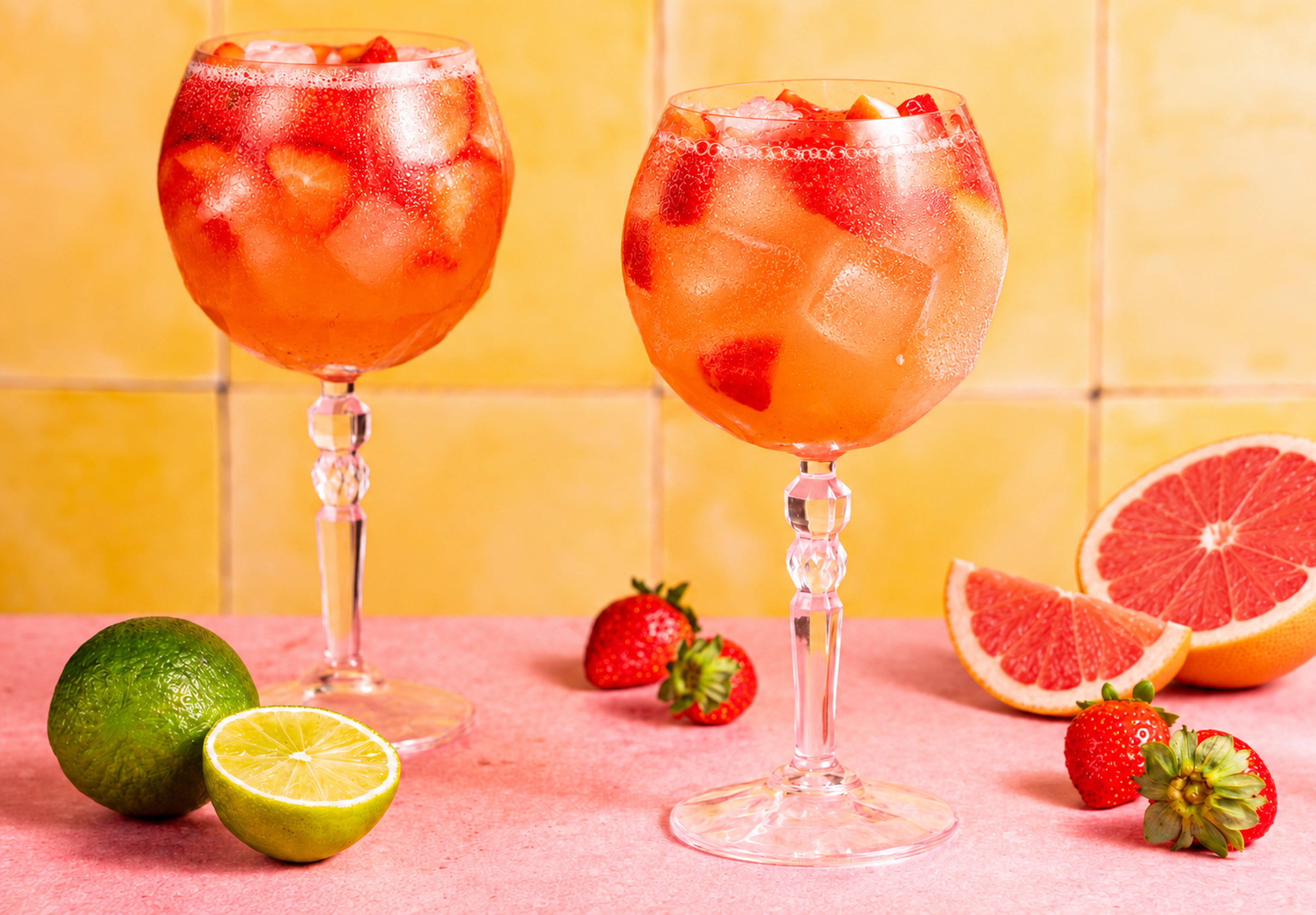 Pink Grapefruit cocktail met Royal Club Pink Grapefruit, aardbei, framboos, limoen en ijs.